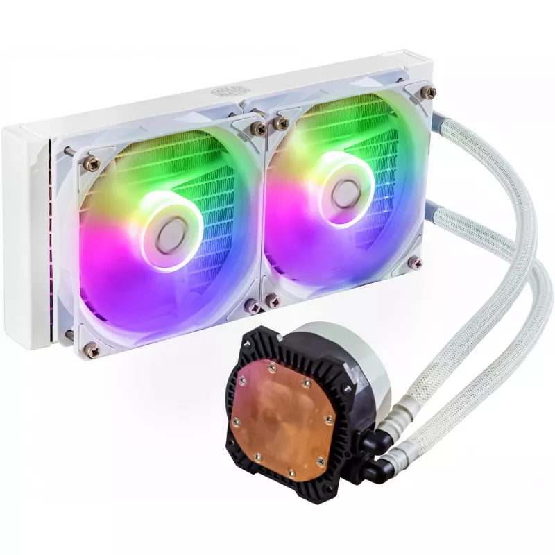 Vedelikjahutuskomplekt Cooler Master MasterLiquid 240L Core ARGB Valge — 240 mm radiaator, 120 mm ventilaatorid, toetab LGA1700/AM5/AM4 ja vanemaid pesasid