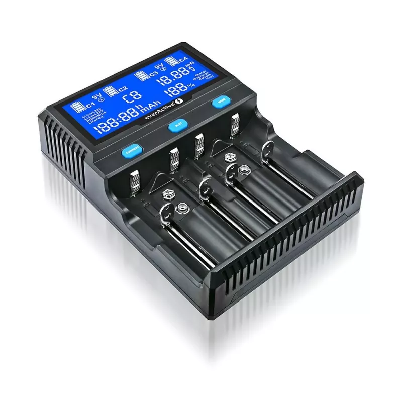 everActive UC-4200 Universaalne vahelduvvoolu akulaadija 12V 3A, toetab AA/AAA/C/9V, 4 elementi, must, sisseehitatud ekraan