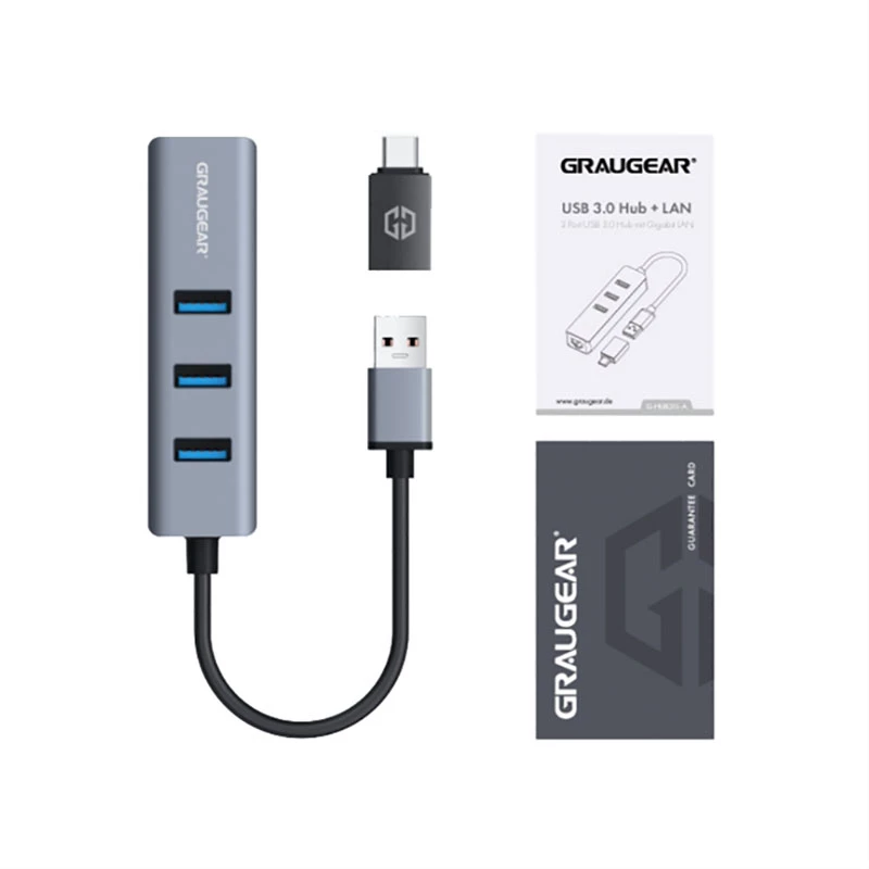 GRAUGEAR USB-jaotur G-HUB31L-A — USB 3.2 Gen 1 Type-A host, 3x USB 3.2 Gen 1 Type-A porti + RJ-45, 5000 Mbit/s