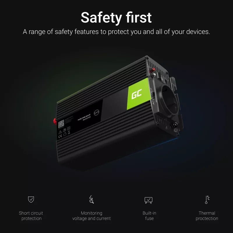 Pingeinverter roheline Cell INV03DE, 12 V kuni 230 V, 500 W, 50 Hz, 30 A väljund, must