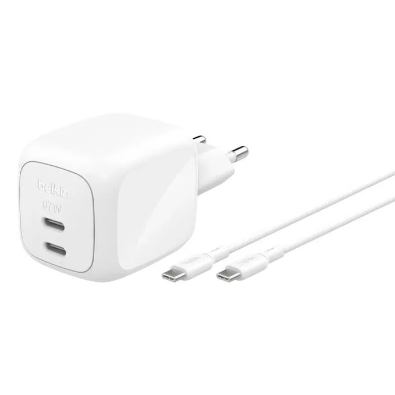 Sisene vahelduvvoolu kiirlaadija Belkin WCH020KQ2MWH-B6 — 2x USB‑C, 2 m sisseehitatud kaabel, valge