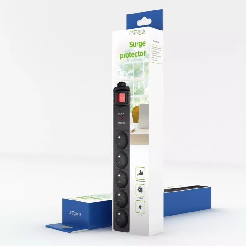 EnerGenie SPF5-C-5 piksekaitse 5 vahelduvvoolu pistikupesa 250 V 1,5 m Must