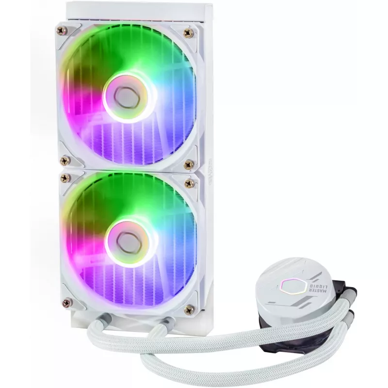 Vedelikjahutuskomplekt Cooler Master MasterLiquid 240L Core ARGB Valge — 240 mm radiaator, 120 mm ventilaatorid, toetab LGA1700/AM5/AM4 ja vanemaid pesasid