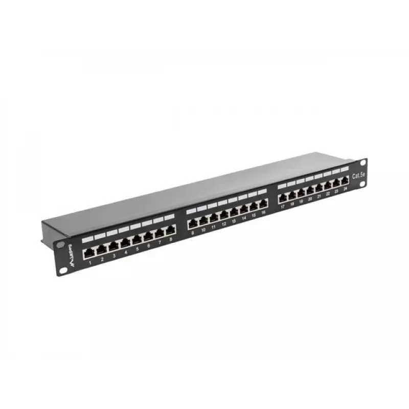 Patch-paneel 1U LANBERG PPS5-1024-B — 24-port RJ-45 Cat5, metallist, must, riiulile paigaldatav