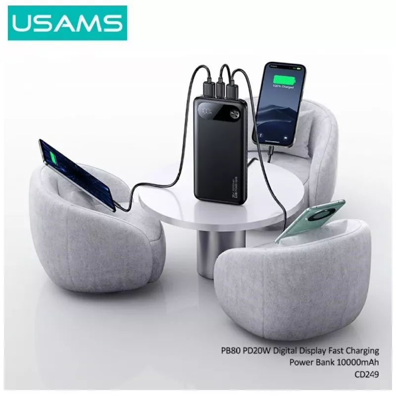 Kaasaskantav akupank usams PB80 10000mAh 20W PD valge