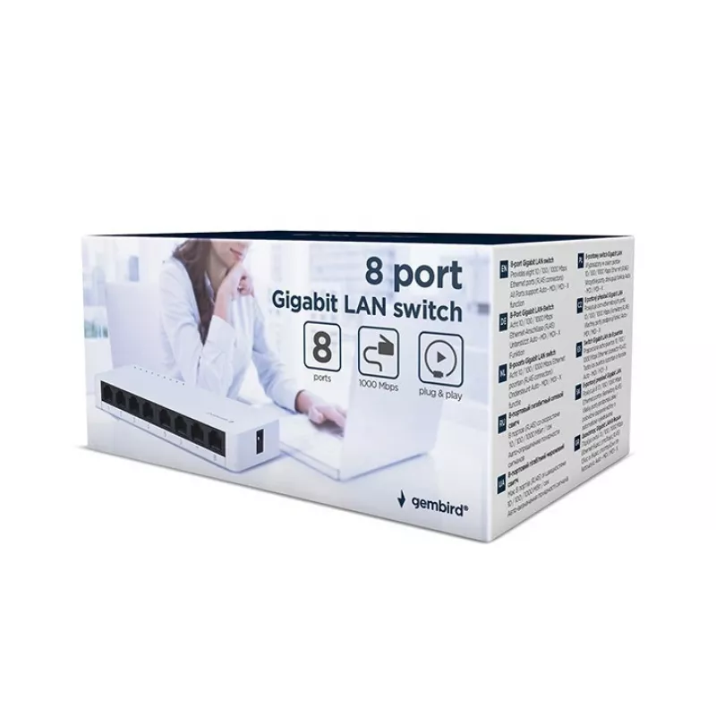Haldamata kommutaator GEMBIRD NSW-G8-01 — 8× Gigabit Ethernet (10/100/1000), valge, DC 5V