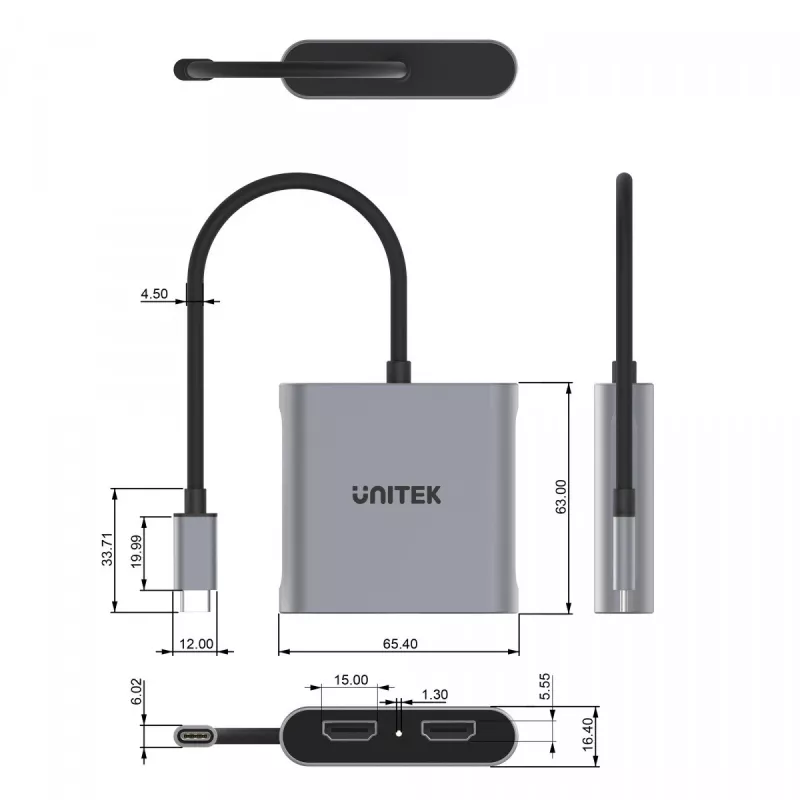 UNITEK ADAPTER USB-C, 2x HDMI, 4K@60HZ, MST, V1404B (V1404B)
