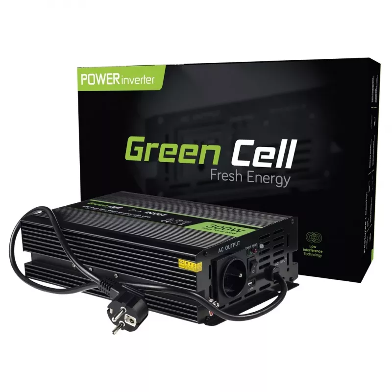 Toiteinverter roheline Cell INV07, alalisvool 12 V vahelduvvoolule 230 V, 300 W, 50 Hz, C-tüüpi pistik, must