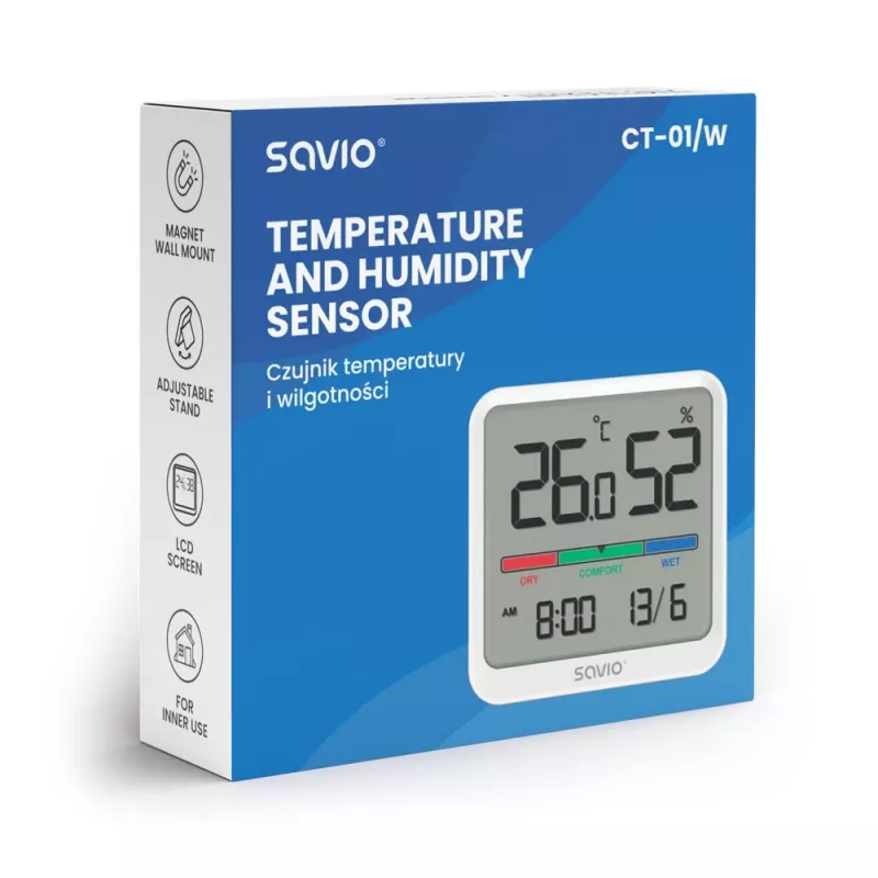 Siseõhu temperatuuri ja niiskuse andur SAVIO CT-01/W, LCD-ekraan, -10–55 °C, 10–99 % RH, aku CR2032