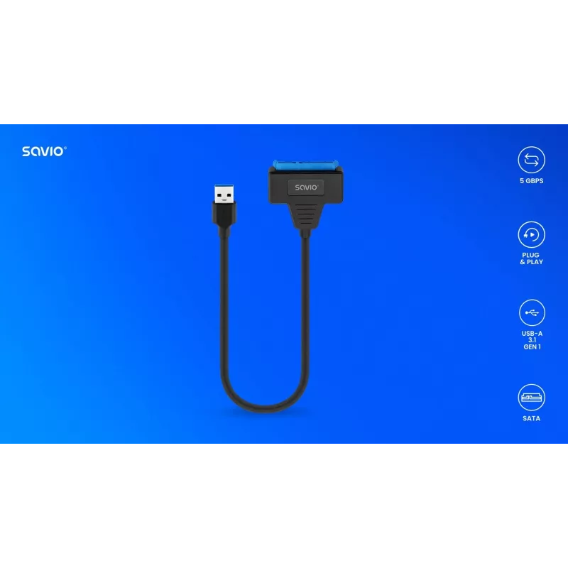 SAVIO SATA-USB 3.1 Gen 1 liidesekaabel AK-68, SATA emane USB-A isasele, 5 Gbit/s, 0,25 m, must