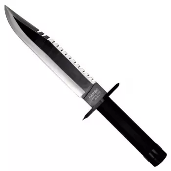 Fixed-blade survival knife cinema classic Rambo I CC-H1 — 360 mm üldpikkus, 225 mm sakiline terasest tera, must nahast tupp
