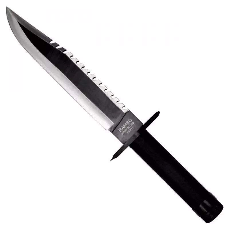 Fixed-blade survival knife cinema classic Rambo I CC-H1 — 360 mm üldpikkus, 225 mm sakiline terasest tera, must nahast tupp