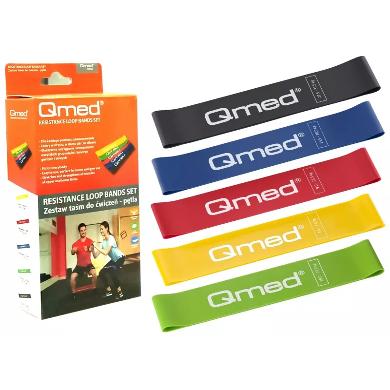 Resistance Exercise Band Set MDH DRQM3MYYSETP — 5 silmusriba (pikkus 50 cm), lateks, laiused 5 cm, koormused 4,5–31,5 kg