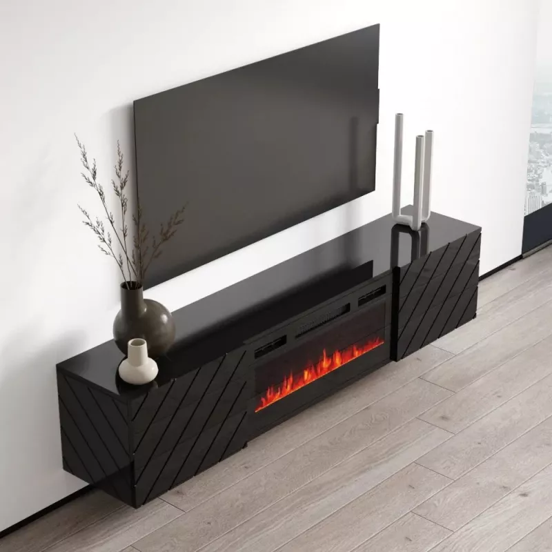 TV kapp cama meble LUXE 301126 sisseehitatud elektrikaminaga, 182,6×34,5×37,5 cm, must läikiv