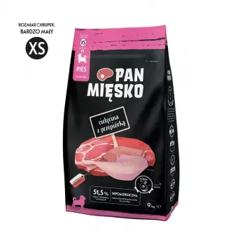 Pan Miesko vasikaliha ja vutt XS kuivtoit kutsikatele 9 kg — Junior väikest tõugu, 30% valku, 20% rasva