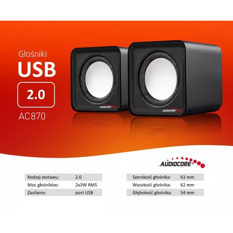2-suunaline PC kõlar Audiocore AC870 B — 3 W RMS, juhtmega USB-toide, 3,5 mm sisend, 2.0 kanalit
