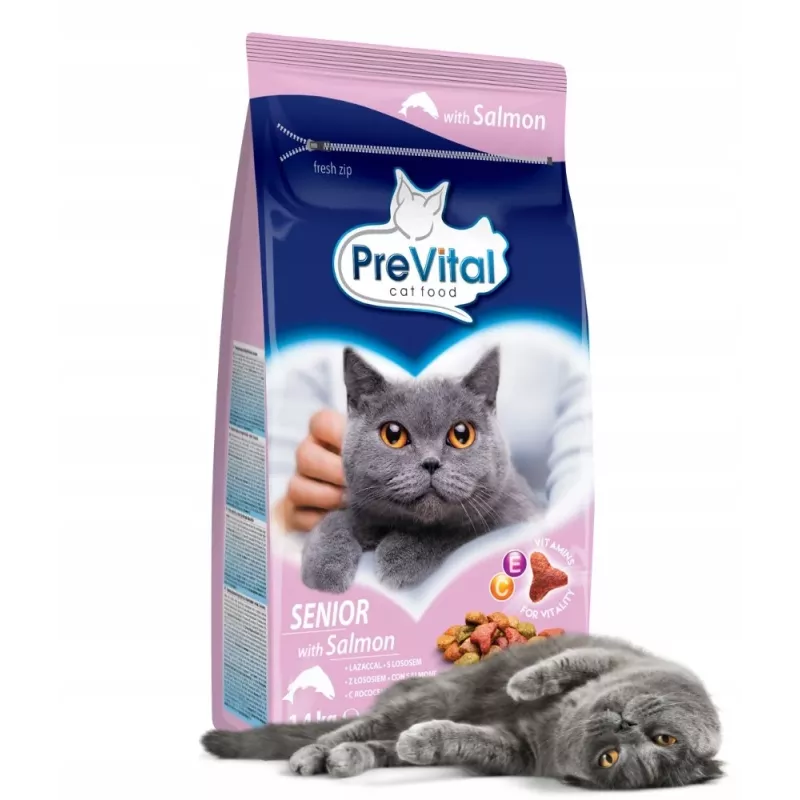 Kuiv kassitoit PREVITAL Senior lõhe 1,4 kg — seeniorvormel, 31% valku, 9% rasva