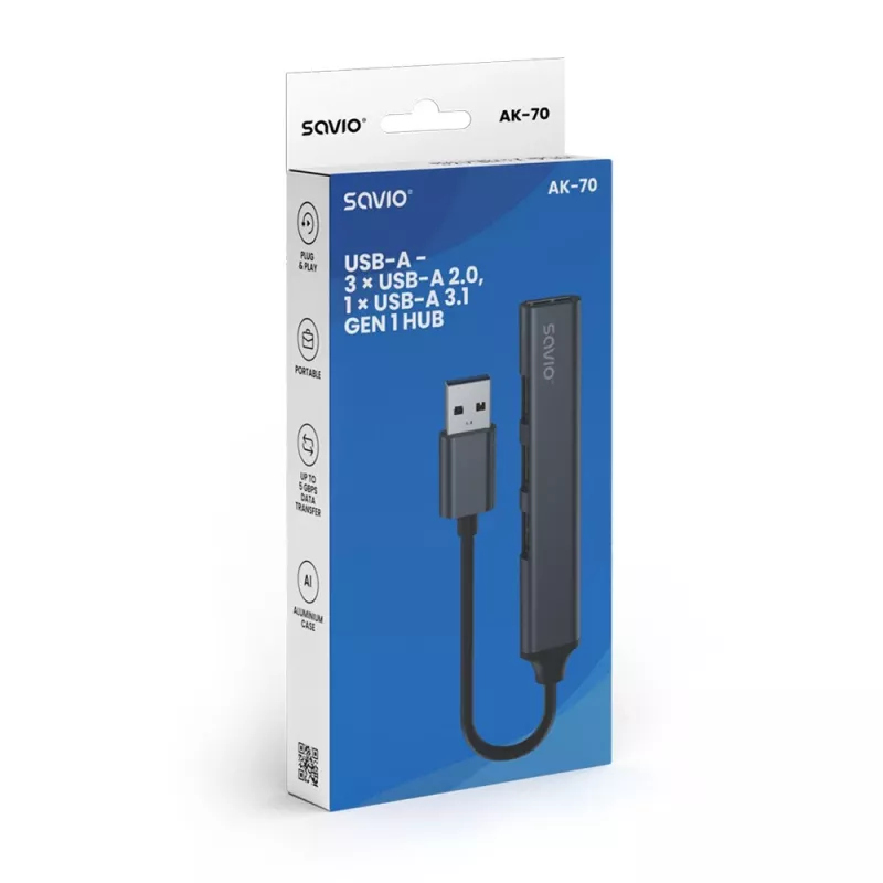 USB-hub SAVIO AK-70, 7-port USB 3.0, 4 kasutatavat porti, USB Type-A host, 5 Gbit/s edastuskiirus, garantii 2 aastat