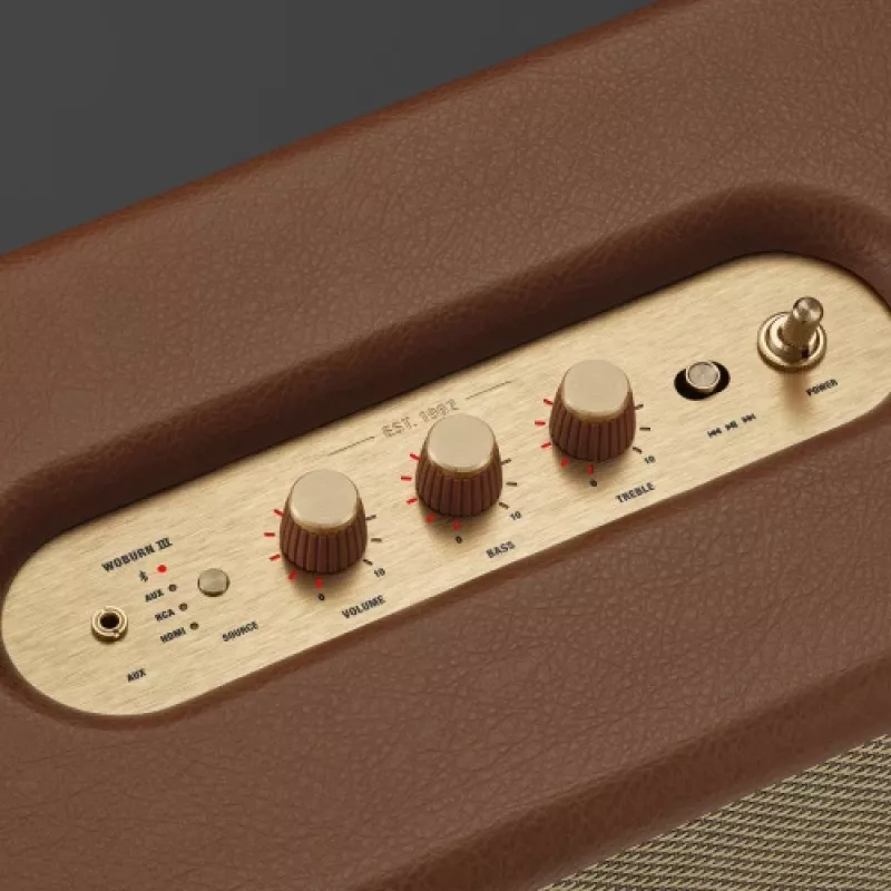 Juhtmevaba kõlar MARSHALL Woburn III Brown — mitmetoaline, Bluetooth, Wi‑Fi, analoogsisendid