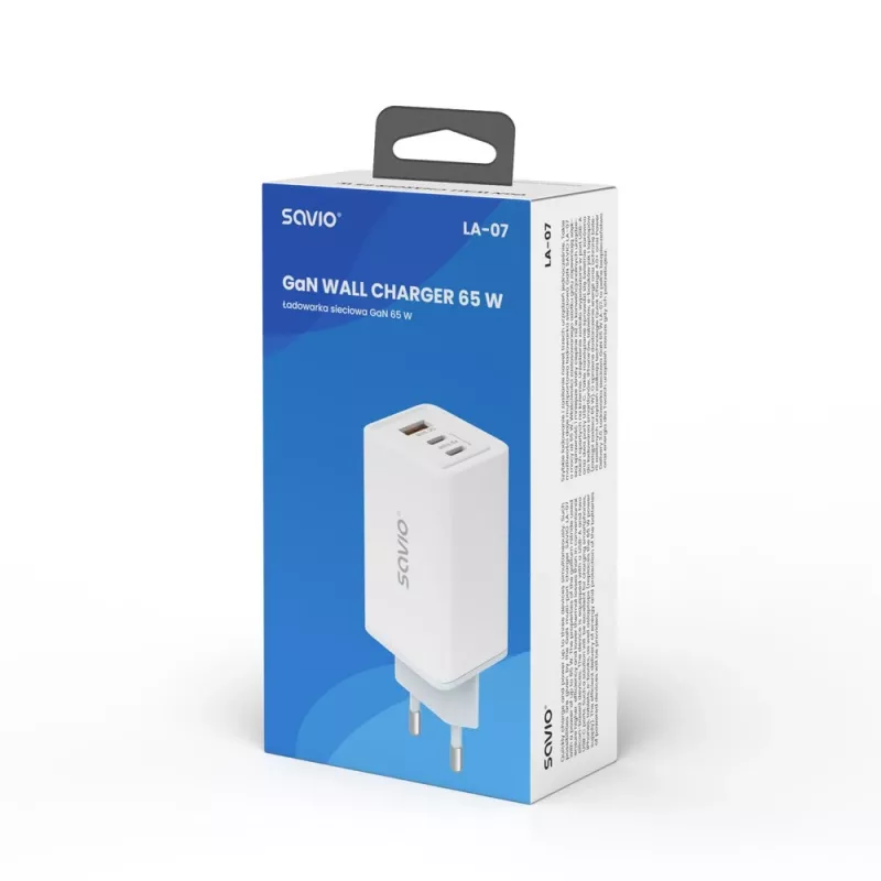 SAVIO LA-07 GaN 65W seinadapter, USB, QC4.0+, PD 3.0, Valge