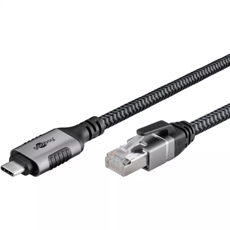 Ethernet-kaabel USB-C 3.2 Gen2 pistik > RJ-45 pistik, LAN-adapter must/hõbedane, 2 meetrit, põimitud tekstiilist ümbris