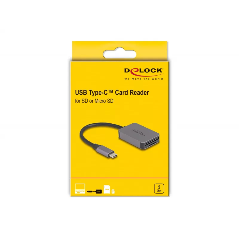 DeLOCK USB USB-C kaardilugeja Alumiinium SD Micro SD 5000 Mbit/s