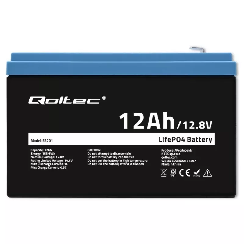 Qoltec LiFePO4 liitium-raudfosfaataku 12,8V 12Ah 153,6Wh BMS-iga