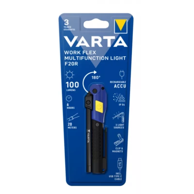 Käsi-töövalgusti Varta Work Flex Must LED, 100 lm, sisseehitatud aku, 6 h, alumiinium/nailon/PC/kumm, 120 mm