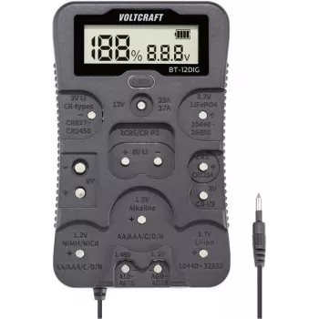 VOLTCRAFT patareitester BT-12DIG mõõteulatus (patareitester) 1,2 V, 1,5 V, 3 V, 3,7 V, 6 V, 9 V, 12 V patarei, aku VC-14340820 (VC-14340820)