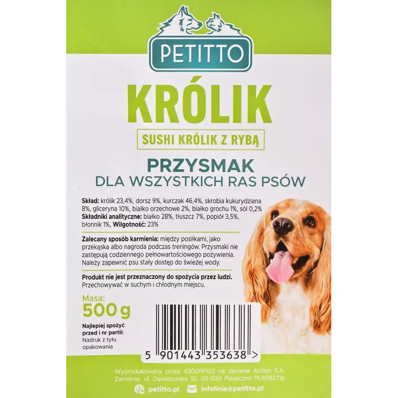 Koerte treeningumaiused PETITTO Sushi küülik kalaga 500 g, valk 28%, rasv 7%, niiskus 23%