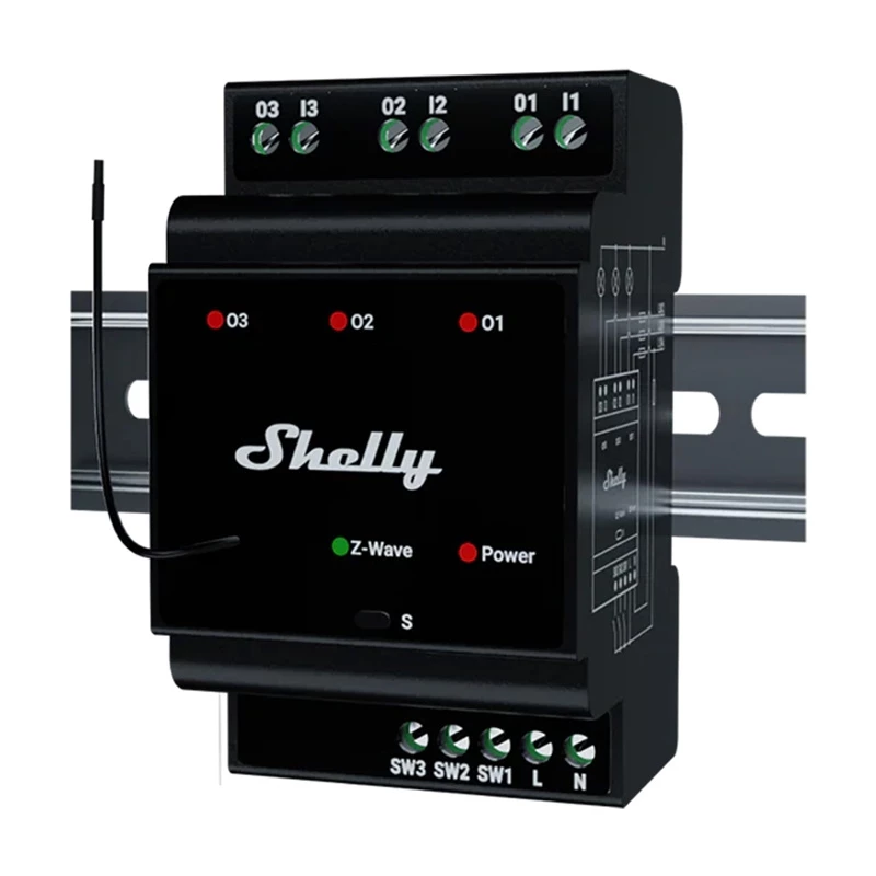DIN-liistu nutirelee Shelly WavePro3 3-kanaliline Z-Wave, 110–240 V, 25 A kanali kohta, AES-128, DIN-kinnitus