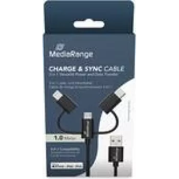 USB-kaabel MediaRange MRCS246 — 1 m, USB A kuni USB-C / Micro USB-A / Lightning, USB 2.0, must