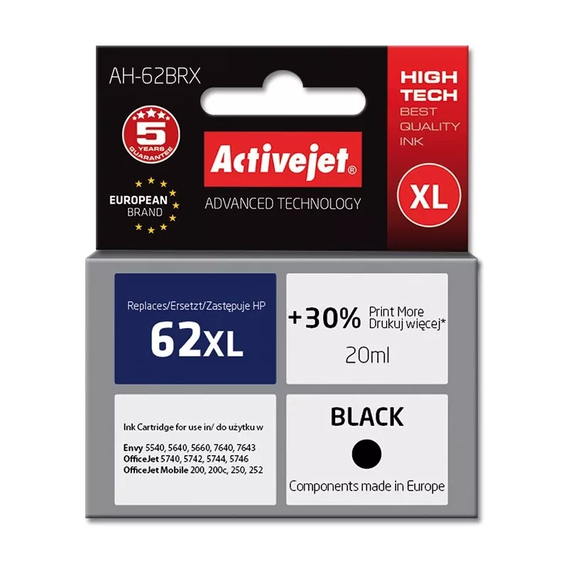 Activejet AH-62BRX tint (asendus HP 62XL C2P05AE jaoks; Premium; 20 ml; must)