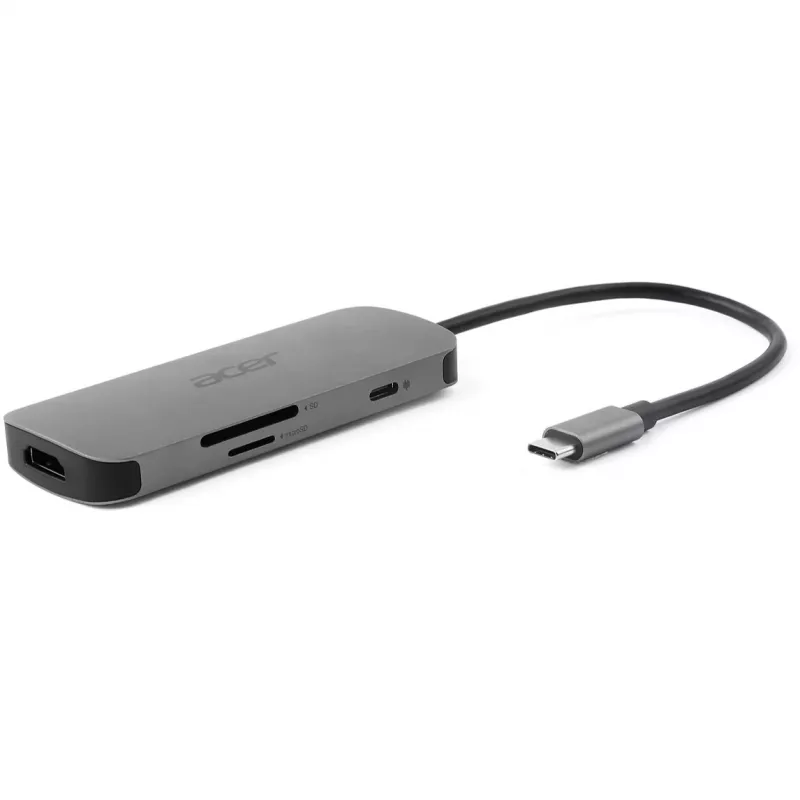 7-ühes USB-C dongel Acer — USB 3.2 Gen 1 USB-C, 3x USB-A, HDMI, SD/microSD, 100 W PD, hõbedane