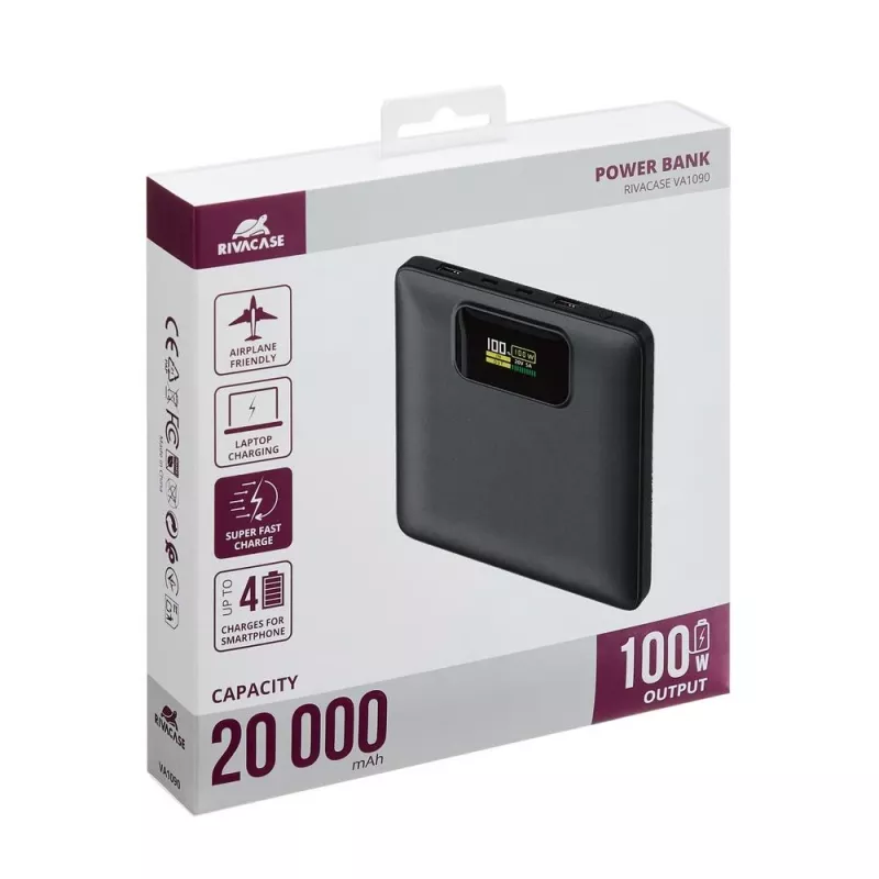 Akupank Rivacase VA1090 — 20000 mAh, 77 Wh, koguväljundvõimsus 100 W, 440 g