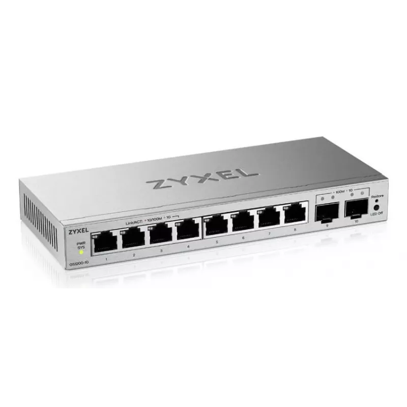 Juhitav L2 Gigabit-lüliti Zyxel GS1200-10v3 — 8x Gigabit (10/100/1000), 20 Gbit/s, MAC 4000, lauaarvuti, hall