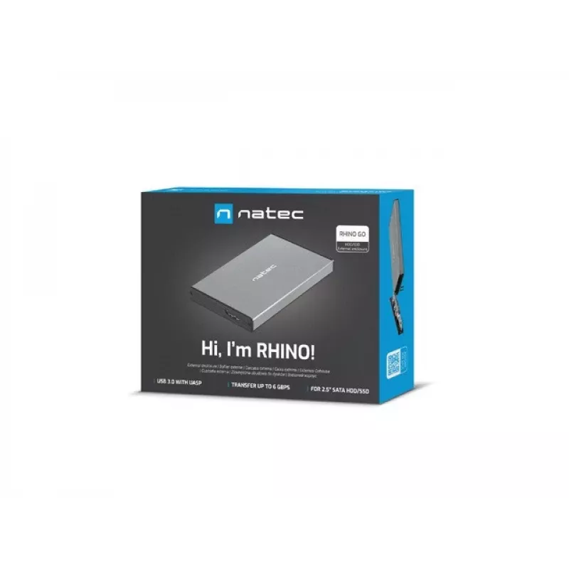 Väline kõvaketta/SSD-korpus NATEC Rhino GO — 2,5-tolline SATA, 9,5 mm, USB 3.0, alumiinium, hall, kuni 4 TB