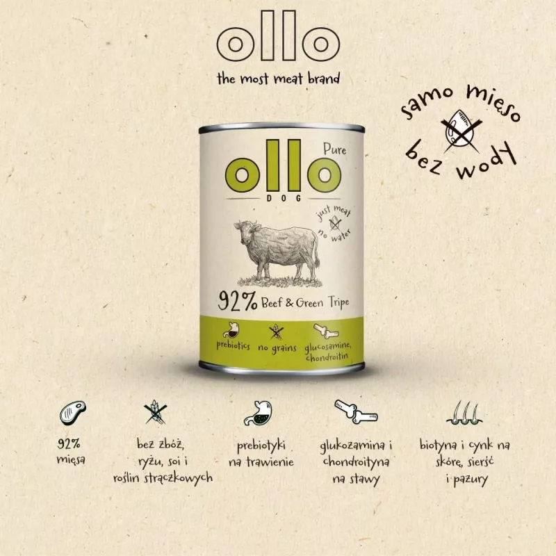Märg koeratoit OLLO Pure Beef and roheline Tripe 400 g purk — täiskasvanud, valk 14,5%, rasv 11,9%, niiskus 69%