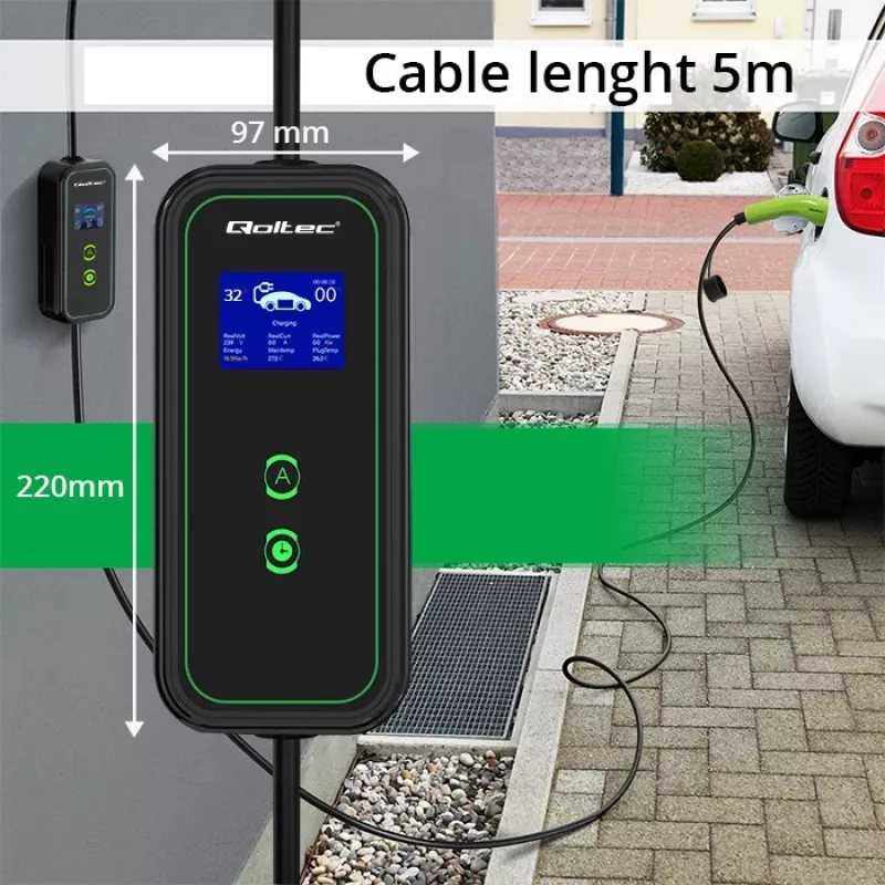 Qoltec mobiilne elektriauto laadija reguleeritav 2in1 Type2 | 7kW | 230V | CEE 3-pistik | Wi-Fi | LCD | kaasaskantav | seinakarp | 5m