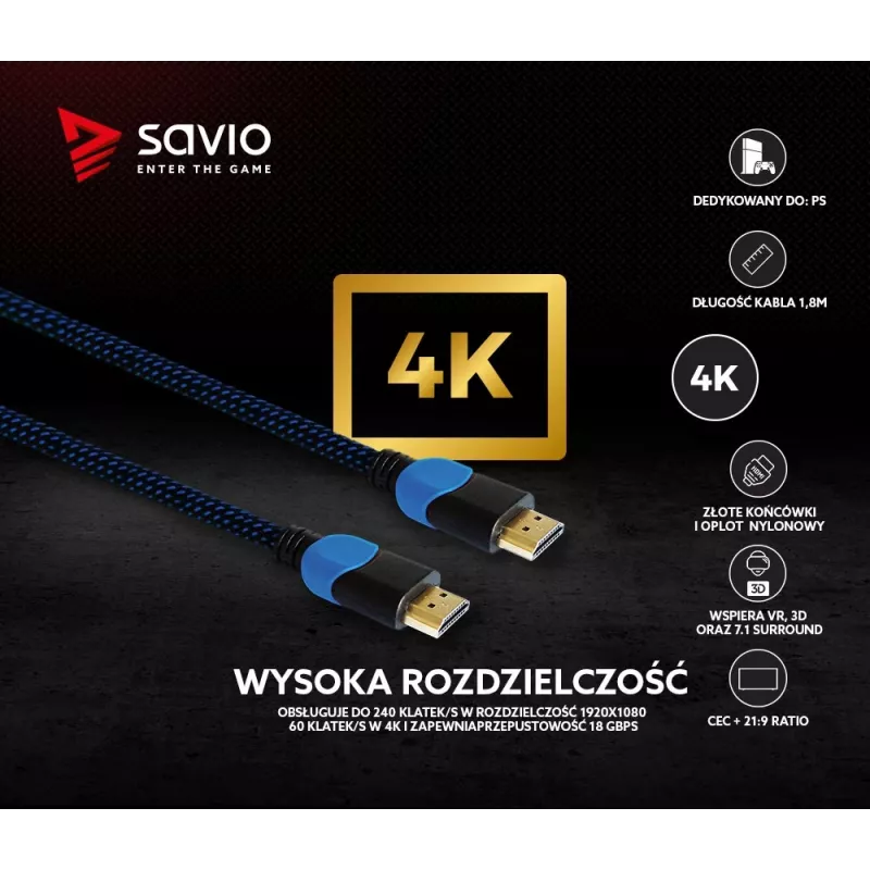 Savio GCL-02 HDMI-kaabel 1,8 m HDMI Type A (Standard) Must, Sinine