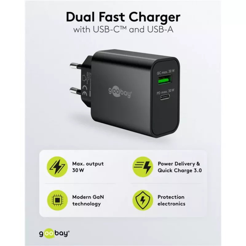 Goobay USB-C PD GaN Dual Fast Charger 30 W must (75335)
