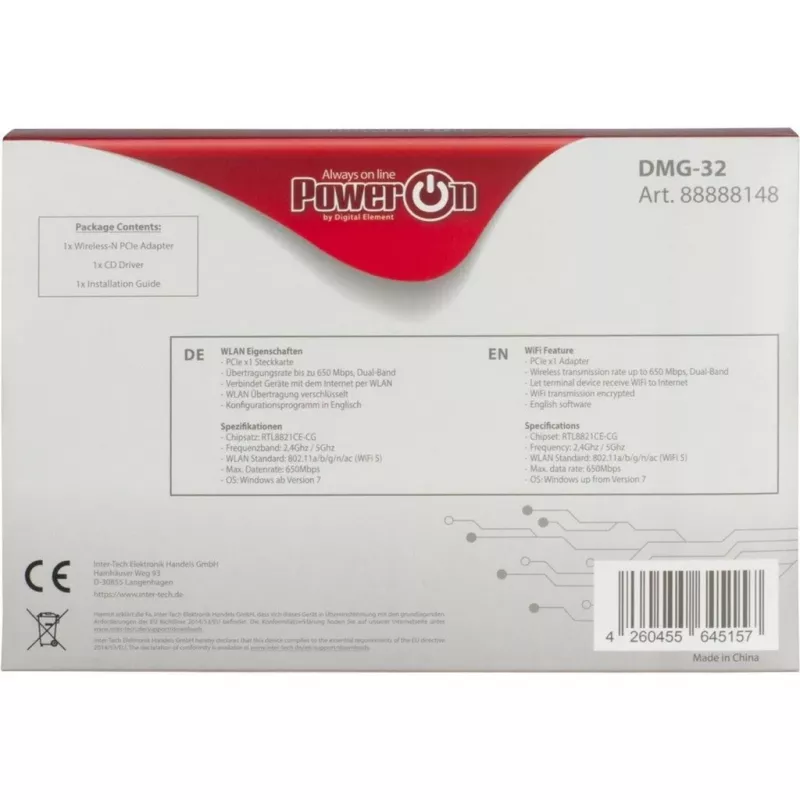 Inter-Tech DMG-32 - Sisseehitatud - Juhtmevaba - PCI Express - Wi-Fi - 650 Mbit/s - Must - Hõbedane (88888148)