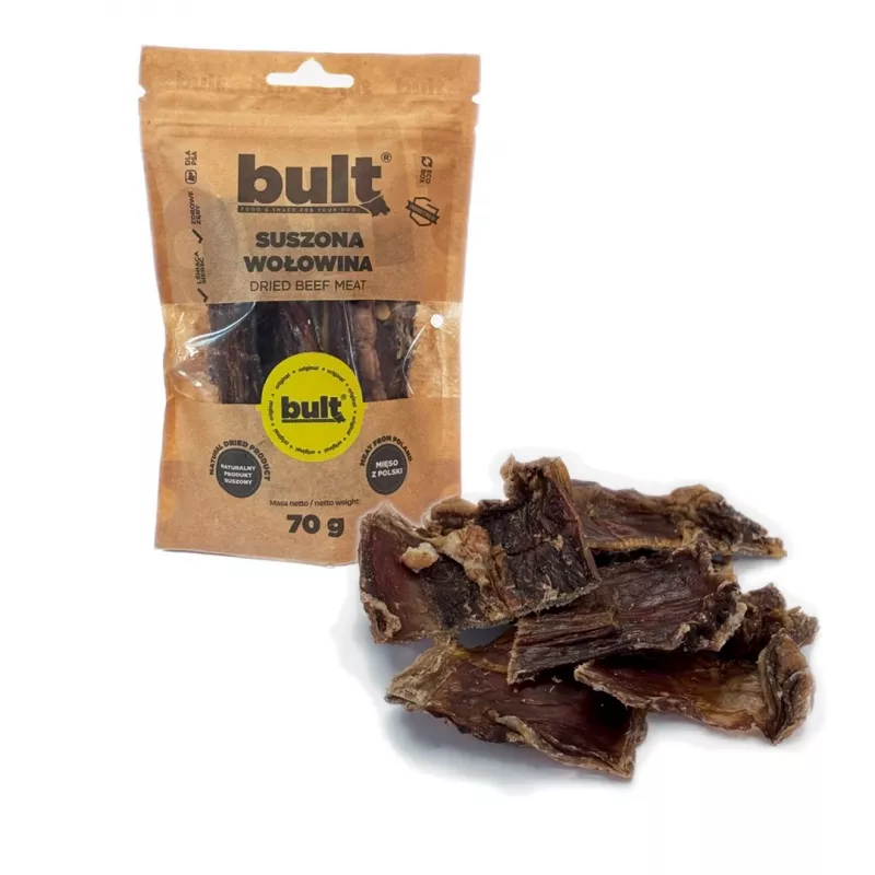 Koerte maius BULT Eko Kuivatatud veiseliha 70 g — ühekomponendiline kuivatatud veiseliha suupiste koertele, valk 67,2%, rasv 15,7%