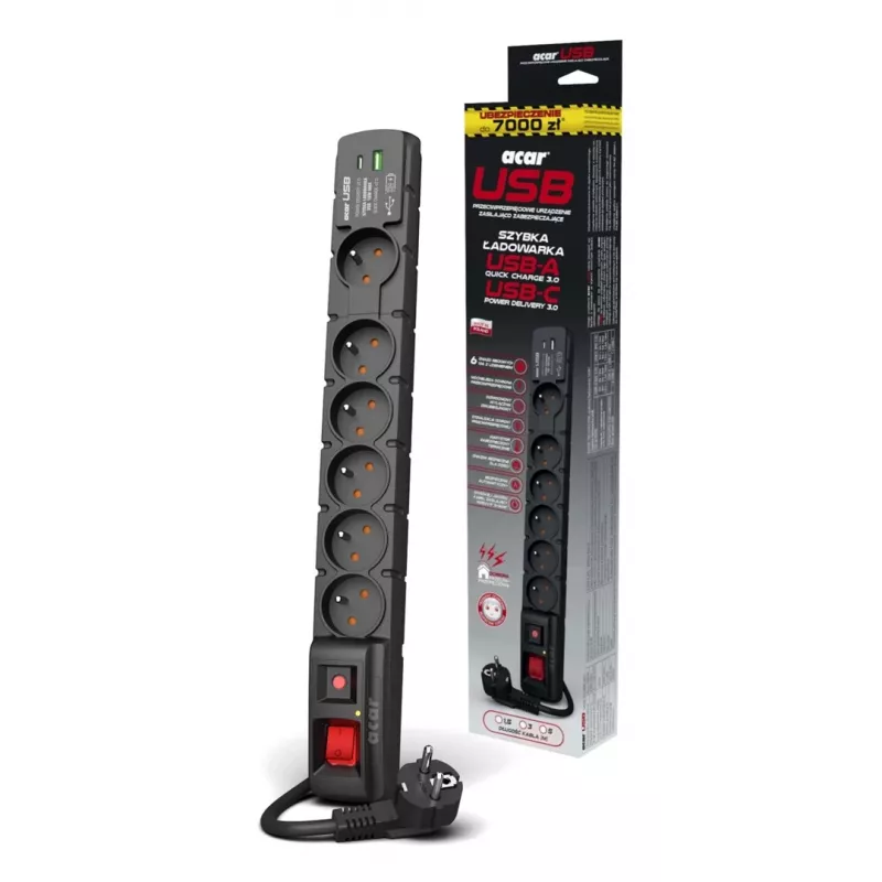 Liigpingekaitse ACAR W2436 Must 6 vahelduvvoolupistikut 230V 1,5 m