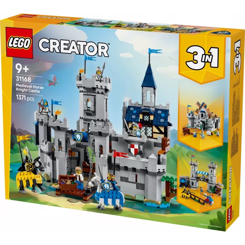 Ehitusmänguasi LEGO Creator 3-in-1 keskaegse rüütli lossi komplekt 31168 — 1371 tükki, 6 minifiguuri, vanusele 9+