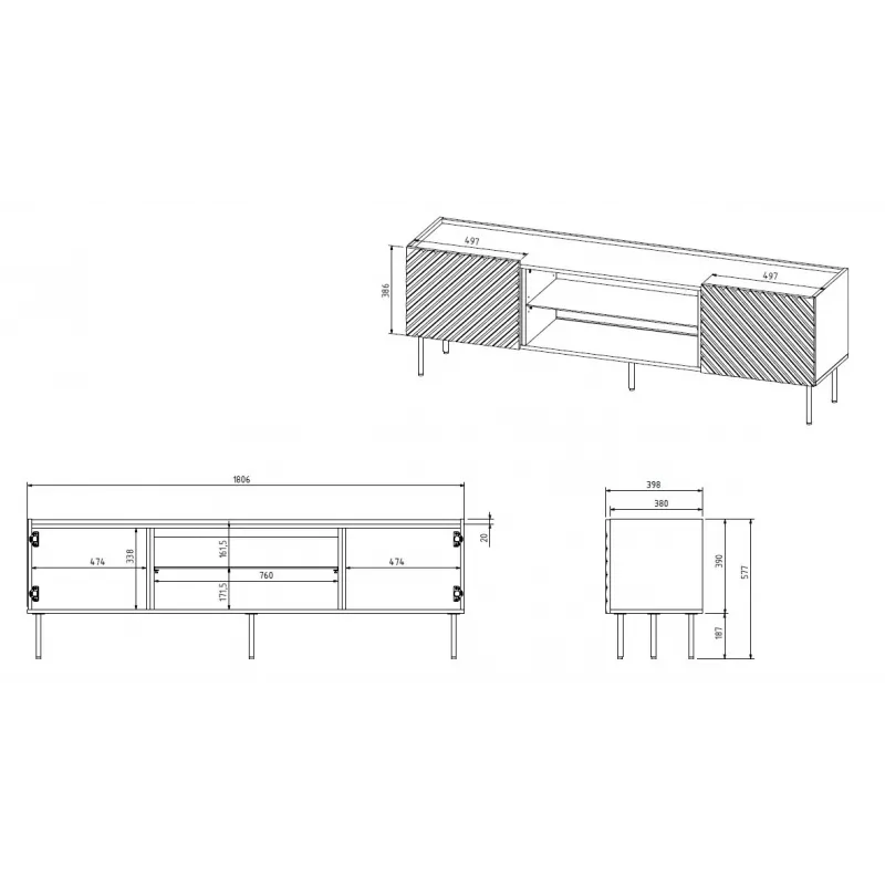 TV-kapp elektrilise kaminaga Cama Meble ONDA 180,5×40×58,0 cm, puitlaastplaat, roheline, vabaltseisev või seinale paigaldatav