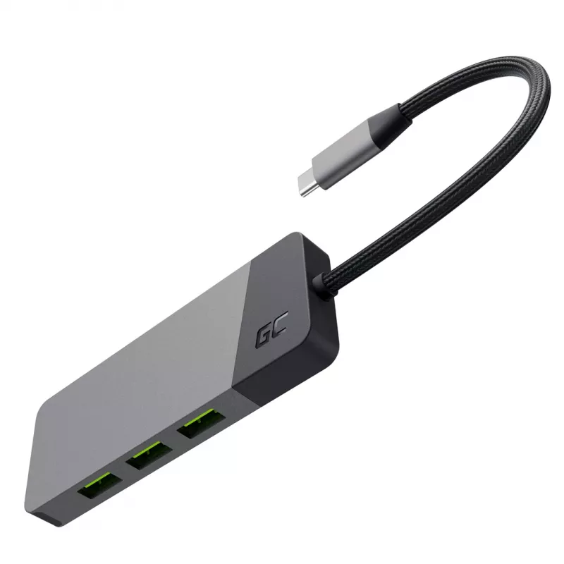 USB Type‑C jaotur roheline Cell HUBGC01 — 7 porti: 3×USB‑A 3.2 Gen 1, 1×USB‑C 3.2 Gen 1, HDMI, microSD+SD mälukaardilugeja — hõbedane