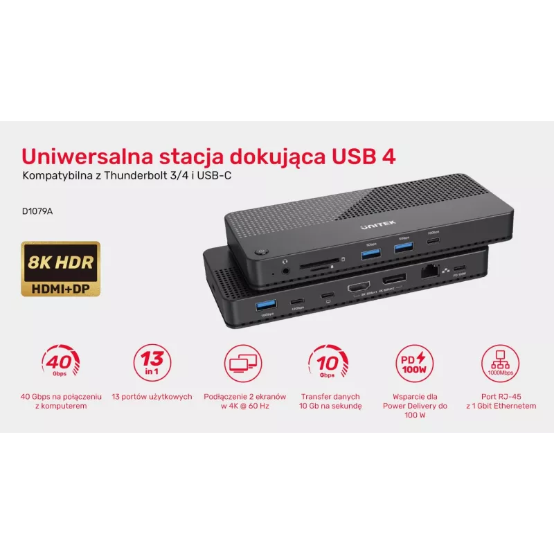 Dokkimisjaam UNITEK D1079A USB4 juhtmega must 100W toiteedastus