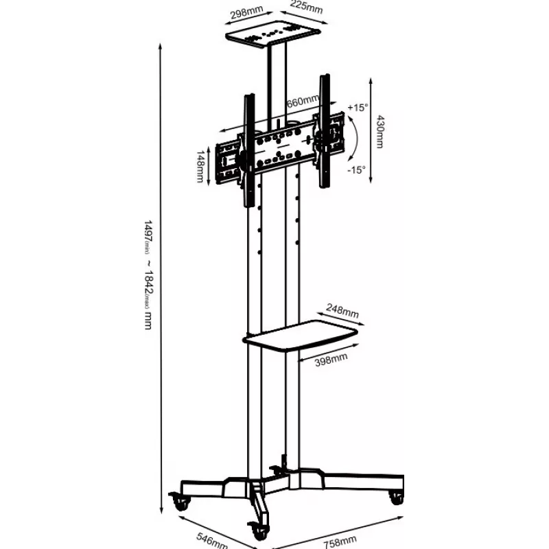 TV-kärualus TB TB-ST1 teleritele kuni 75 tolli (max 45 kg), VESA 600x400
