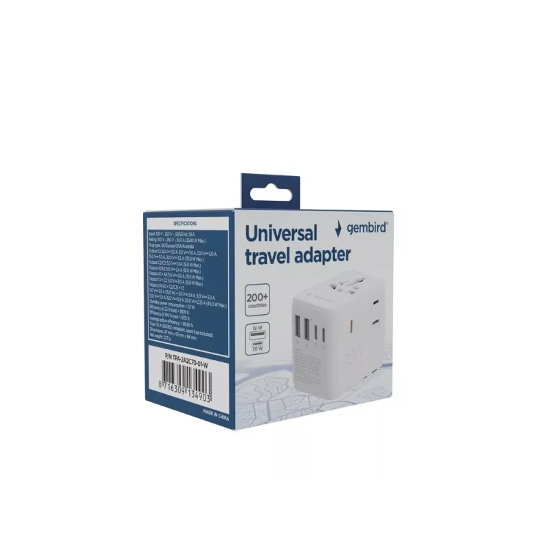 Reisiadapter GEMBIRD TPA-2A3C70-01-W — I tüüpi pistik, 3× USB-C (70W), 2× USB-A (18W), 100–250V, valge